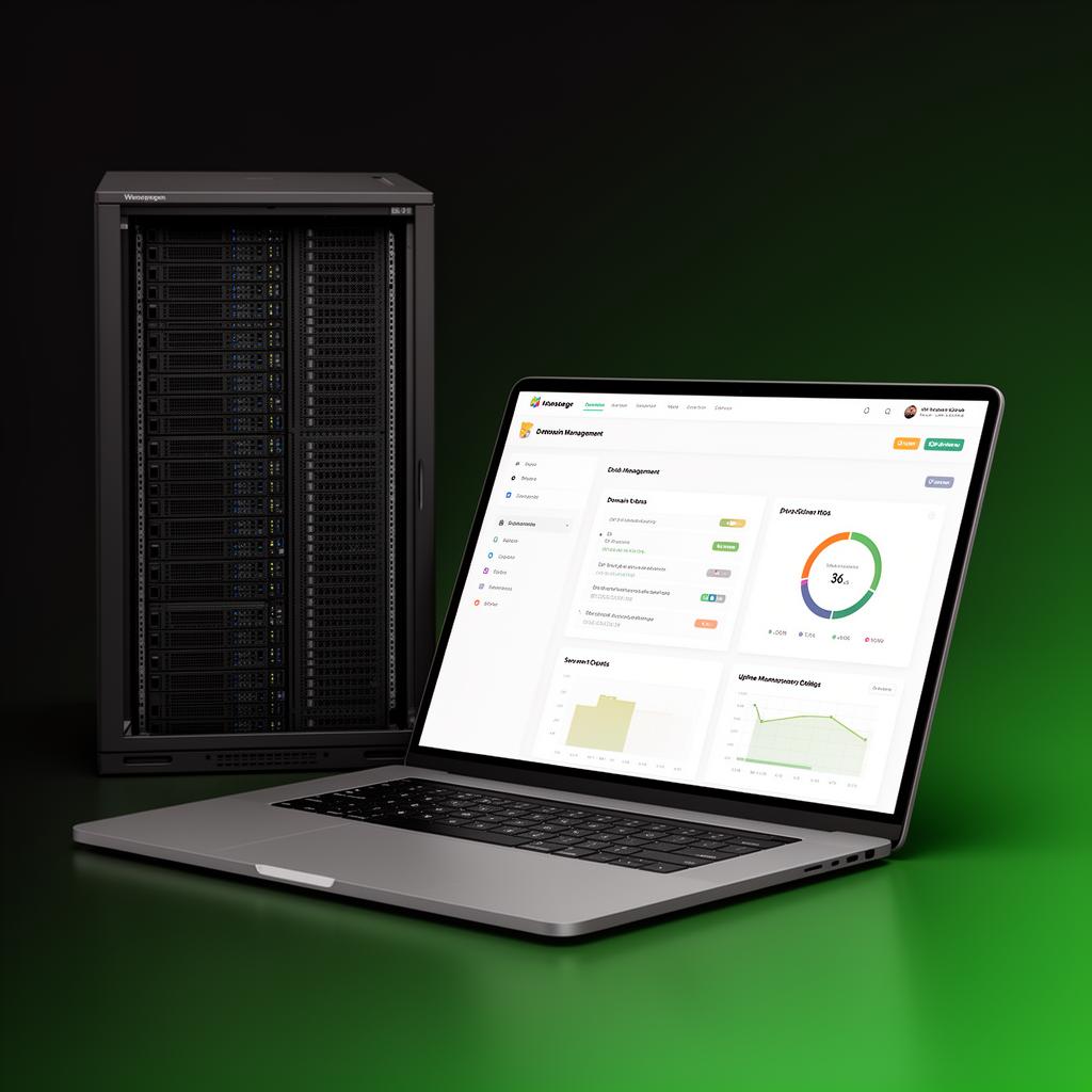 Panel de gestión de hosting y dominios con servidor rack